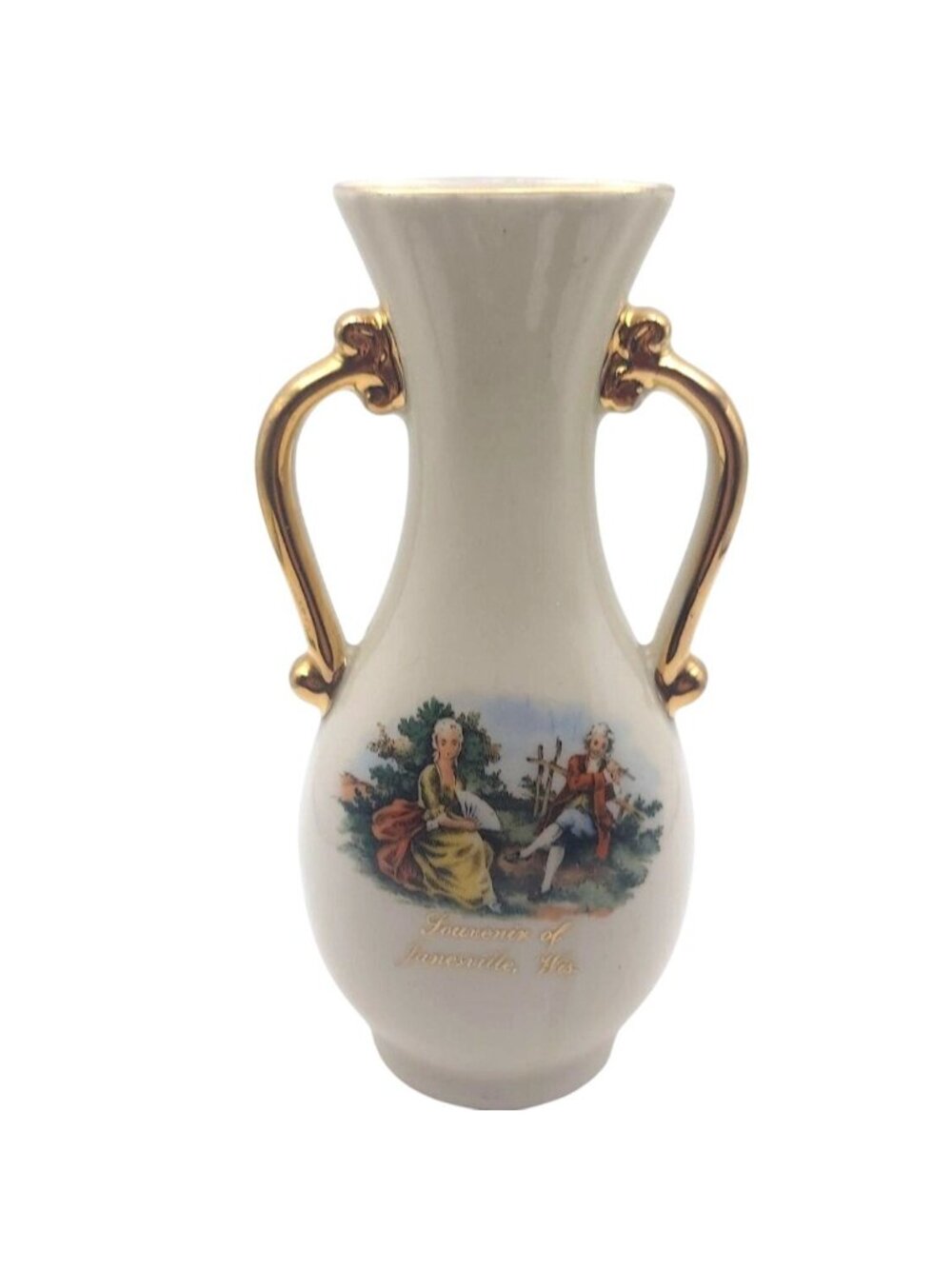 Vintage Porcelain Janesville Wisconsin Souvenir Vase Handles Gilded Regency MCM